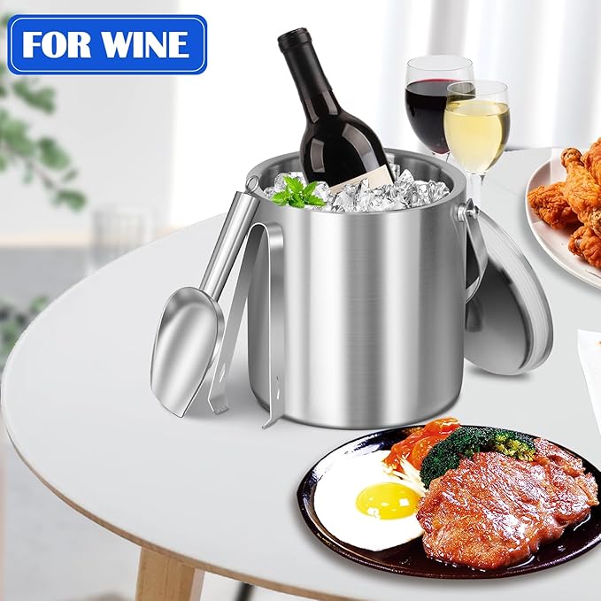 Ice Bucket with Lid & Tong- Well Made Insulated Stainless Steel Keep Ice Frozen Longer - Ideal for Cocktail Bar, Parties, Chilling Wine, Champagne - 2 Liter (Stainless Steel)