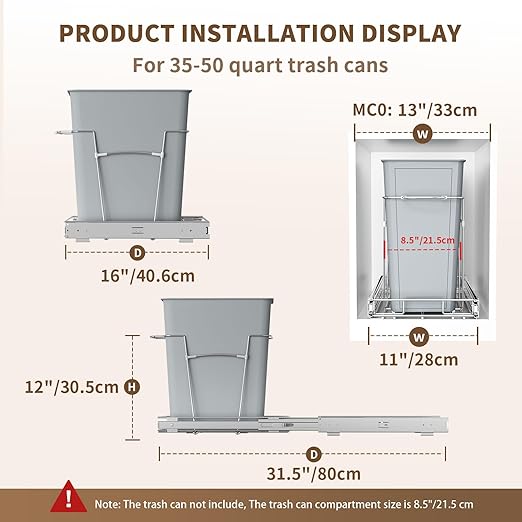Pull Out Trash Can for Kitchen Cabinets, 35 Qt Under Sink Garbage Bin with Full Extension Slides, Fits 13" W x 18" D Opening Cabinets, Heavy-Duty Steel Organizer, Silvery (Trash Can Not Included)