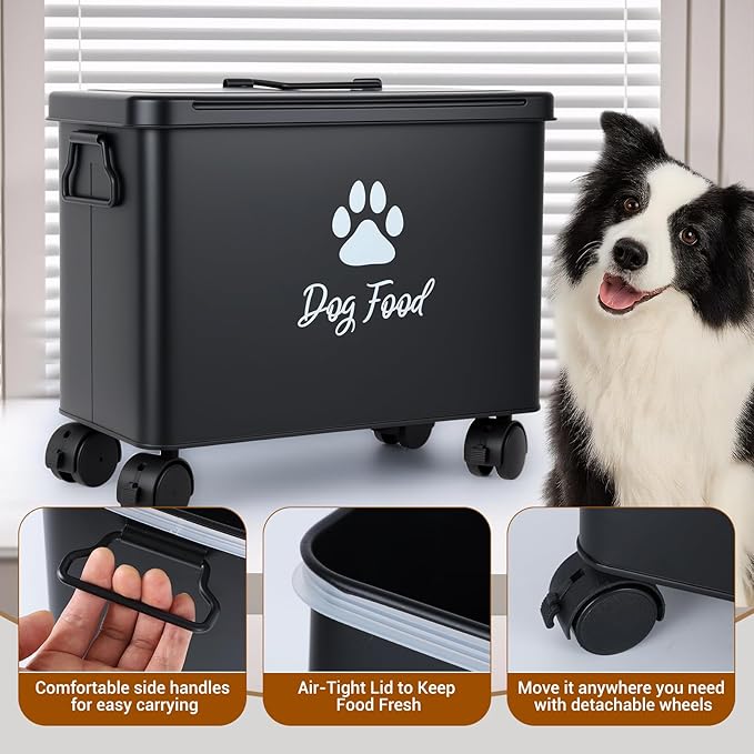 Dog Food Container 13lb, Cute Airtight Pet Food Storage Containers with Metal Lid Scoop, Black Metal Storage Bin for Dog/Cat with Wheels,Easy to Move