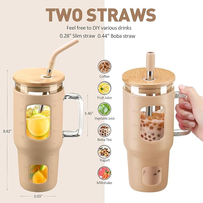 WINSA Glass Tumbler with Lid, 32 oz Glass Cup with Handle, Glass Water Bottles with Time Marker, 2 Straws - Pearl Straw & Silicone Protective Sleeve - Amber