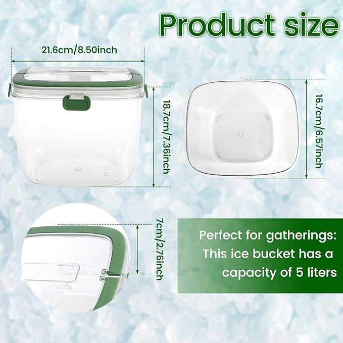 Ice Bucket with Lid and Tong Sealed,5L Ice Cube Bucket,Portable Ice Bucket Container Wine Bucket with Handle,Ice Storage Bin for Cocktail Freezer Bar Parties Barbeque Camping, Green
