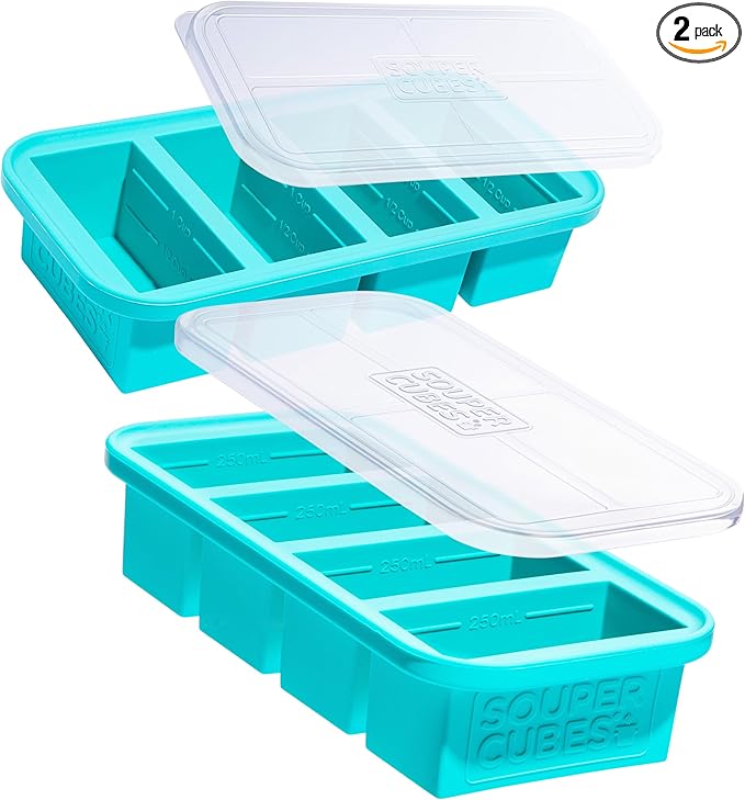 Souper Cubes 1 Cup Silicone Freezer Molds with Lids - Soup Cubes with Steel Reinforced Rim - Perfect for Freezing Broth, Rice, Individual Portions, Meal Prepping and More - Aqua - 2-Pack