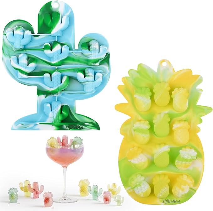 UNIQUE ICE CUBE TRAYS FoodGrade Silicone Two Pineapple Cacti Ice Tray Easy To Demold Suitable For Cocktails Mojitos Whiskeys And Juices (Tyedye Color)