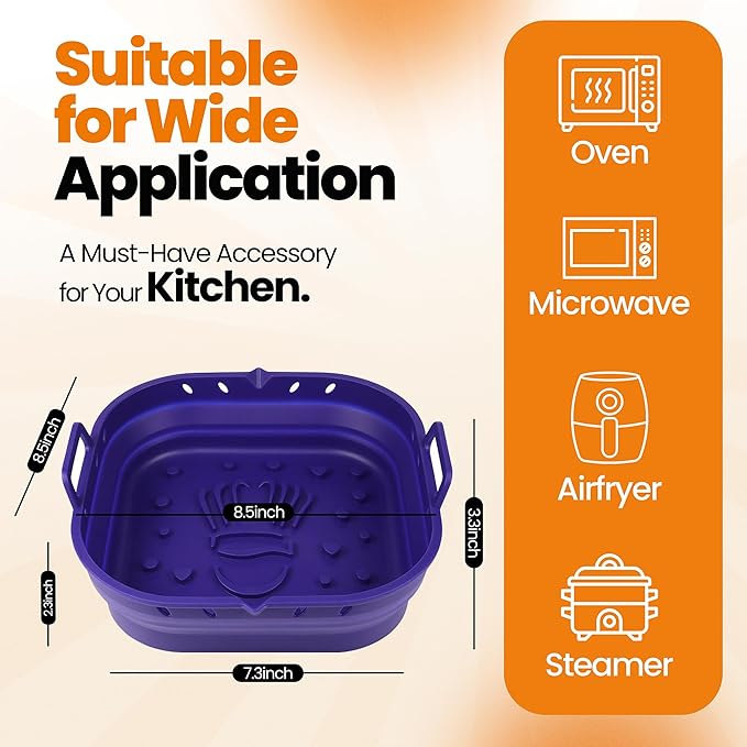 Platinum Silicone Air Fryer Liners Reusable Square-Extra Strong-Easy to Clean Air Fryer basket for Oven Microwave Accessories - BPA Free - Food Safe Pot for 5.8QT to 8 QT - 9 Inch
