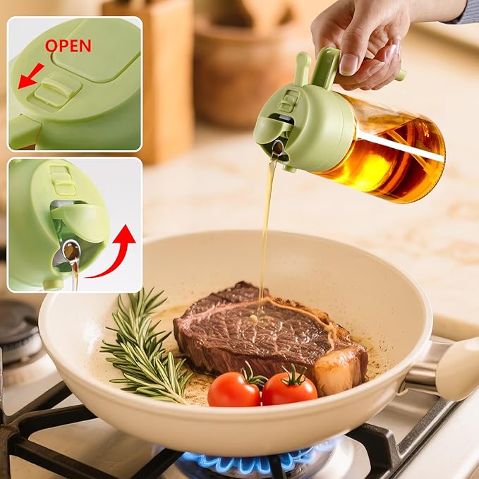 SWEET VIEW 2PCS Oil Sprayer for Cooking, 16oz/470ml Glass Oil Dispenser/Pour Bottle, Kitchen Accessories, Kitchen Gadgets for Air Fryer, Salad, BBQ, with Stickers (Green,White)