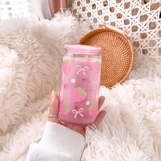 SANDJEST Strawberry 16 Oz Can Glass Tumbler with Acrylic Lid and Straw - Iced Coffee Cups for Women, Aesthetic Glass Cup Gift for Birthday Christmas