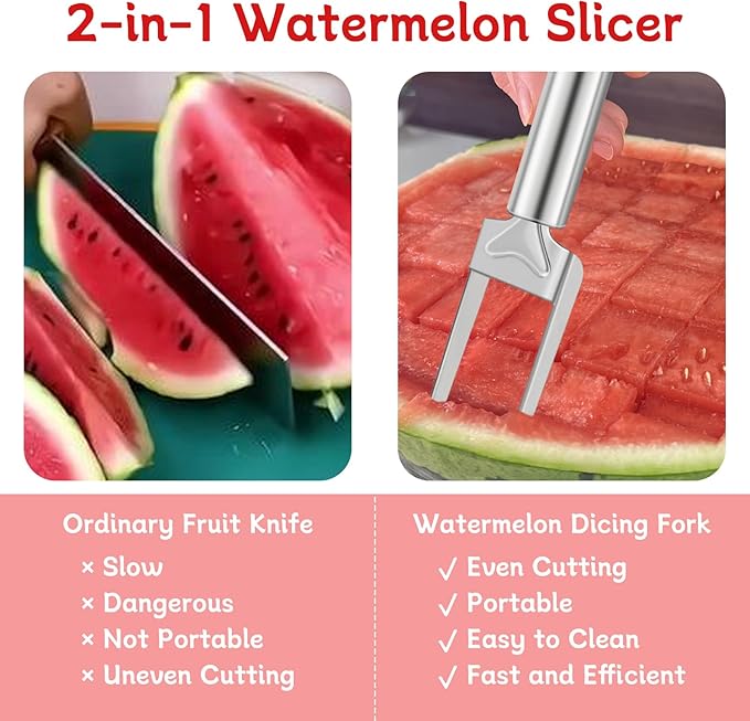 2-in-1 Watermelon Slicer & Fork – Stainless Steel Fruit Cutter Tool for Watermelon, Mango, Pitaya – Portable for Camping, Picnics, Home, Parties – Effortless Cubes & No Mess - 4 PCS