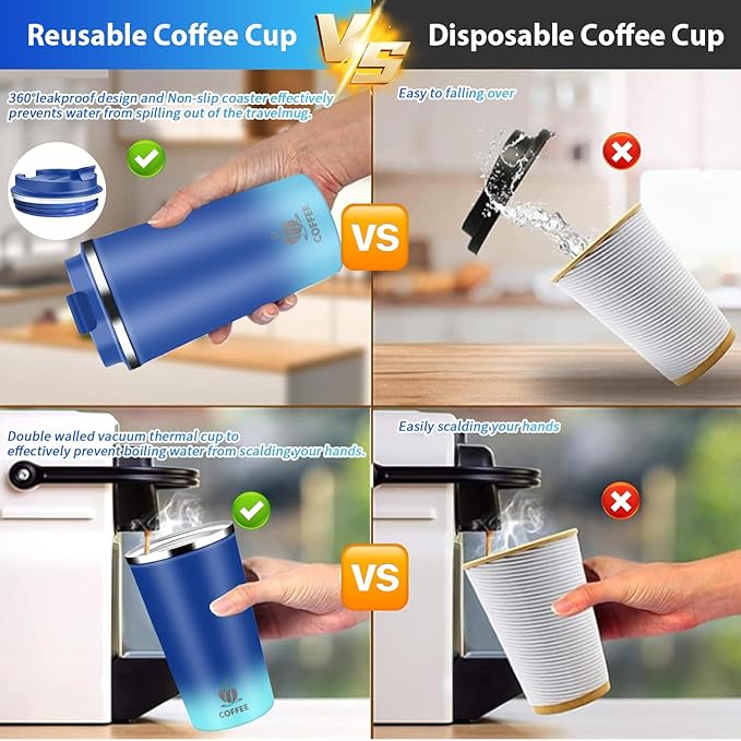 Insulated Travel Coffee Mug Reusable Coffee Tumbler Cup with Flip Lid Leak Proof Spill Proof for Office School Party Camping Hot and Cold Drink,Stainless Steel 17oz (Blue)