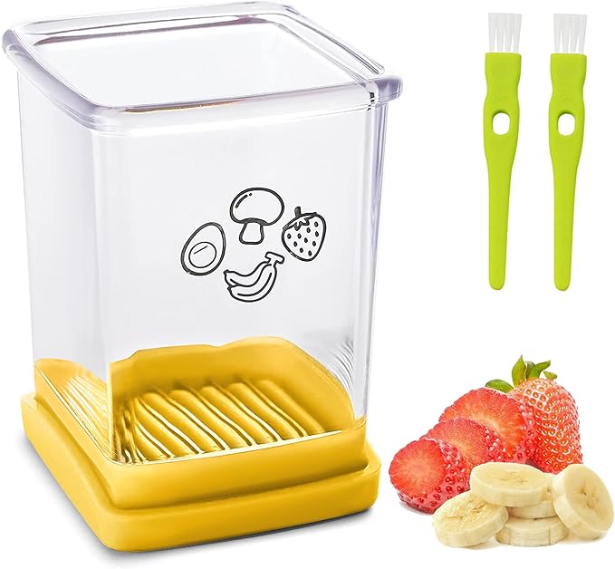 Stainless Steel Strawberry & Banana Slicer, Egg Slicer, Speed Fruit Cutter with Push Plate, Quickly Making Salad, Must Have Yellow Kitchen Gadget