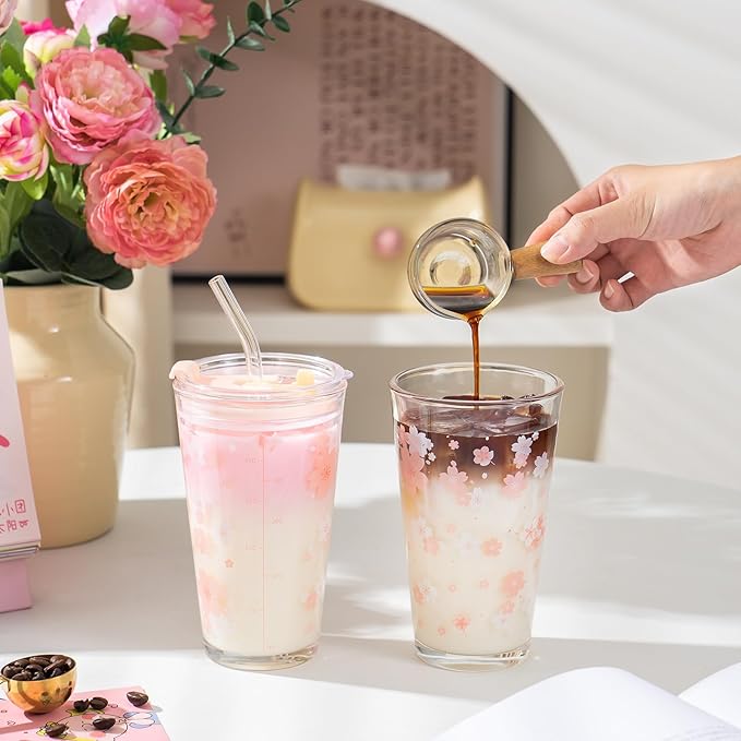 Olvini 15oz Glass Tumbler with Glass Straw and Lid, Cute Iced Coffee Cups, Aesthetic Glass Cups, Coffee Tumbler, Water Cup, Matcha Cup, Drinking Glasses (Cherry blossom)