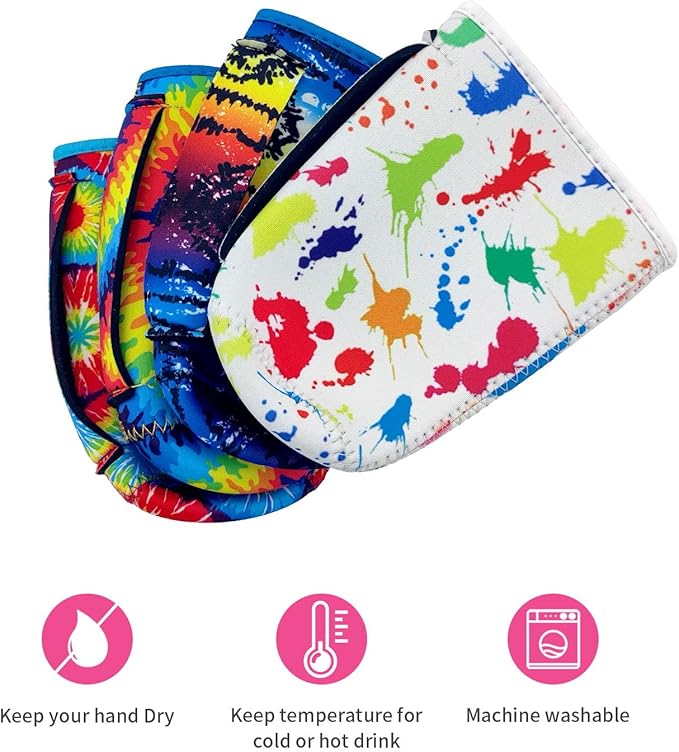 4Pack Reusable Iced Coffee Sleeve Insulator Sleeves for Cold Drinks Beverages, Neoprene Cup Holder With Handle for Most Coffee, Fits 30-32 Oz Large Cups (Tie dye with Handle)