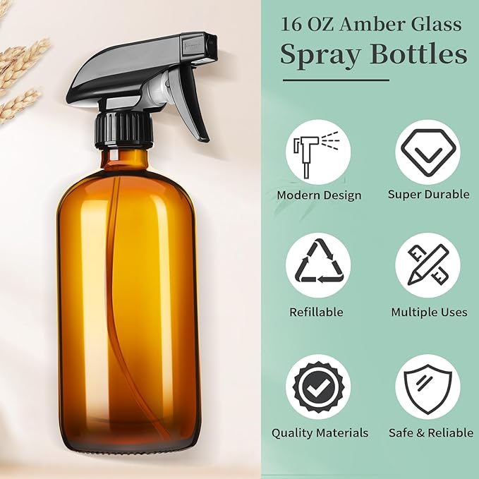 GIVAMEIHF 16oz Amber Glass Spray Bottles,1 Pack Glass Spray Bottles Refillable Empty Bottle with Adjustable Nozzle,Spray Bottle for Essential Oils,Cleaning,Pets,Hair Mister