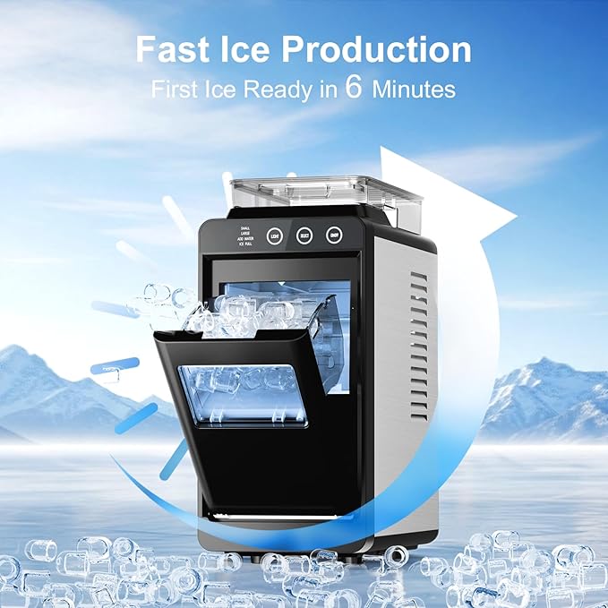 Kismile Countertop Ice Maker with 1.2L Top Water Tank, 8 Bullet Cubes in 6 Mins, 26.5lbs in 24Hrs, 2 Ice Sizes, Self-Cleaning Portable Ice Maker with Basket and Scoop, for Home/Camping/RV, Dark Black