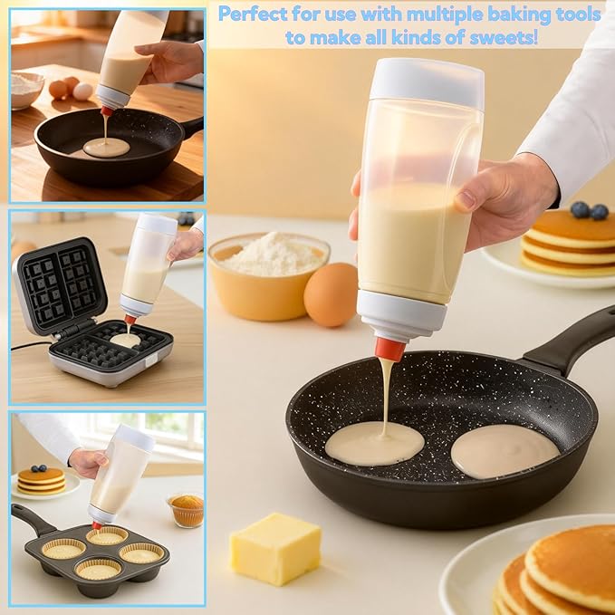 Pancake Batter Dispenser, 33 Oz Pancake Mixer Bottle with Silicone Spatula and Spoon, Kitchen Squeeze Batter Dispenser and Mixer with BlenderBall for Pancake, Waffle, Crepe, Muffin, Cupcake