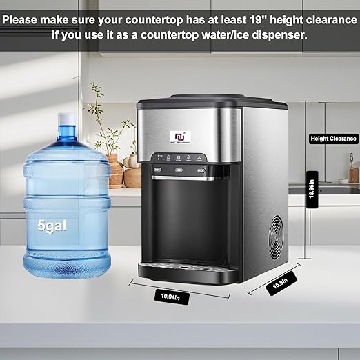 NUNET 3-in-1 Portable Ice Maker Water Dispenser Countertop Built-in Ice Machine 44lbs Ice Daily Top Loading 5 Gallon Hot Cold Water Dispenser w. 4lb Ice Storage & Cleaning Sets, Water Pump