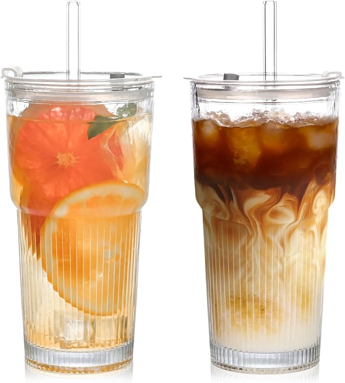 20oz Glass Tumblers with Lids and Straws,2PCS Glass Cups with Lids and Straws,Iced Coffee Cups with Lid,Drinking Glasses for Juice, Smoothies