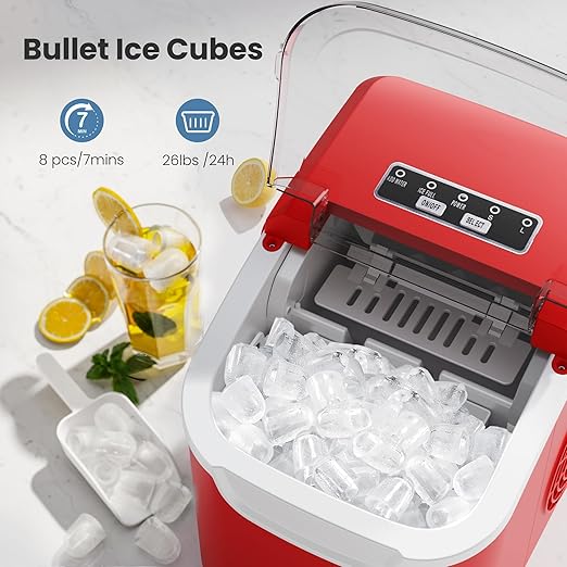 Crzoe Ice Makers Countertop with Handle, 2 Sizes of Ice, 8 Bullet Ice Cubes in 6 Mins, 26Lbs/24H, Portable Ice Maker with Self-Cleaning, Ice Machine for Home&Kitchen&Office&Party (Red)