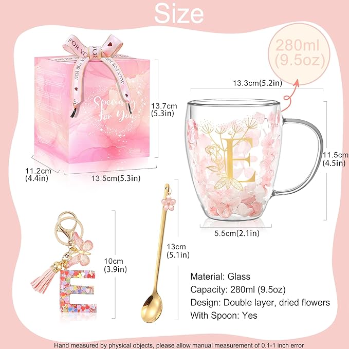 Personalized Gifts for Women Double Wall Glass Flower Coffee Mug Tea cup Monogrammed Customized Birthday Valentine Mother's Day Christmas Gift for Women Mom Wife Friends Sister Stocking Stuffers (E)