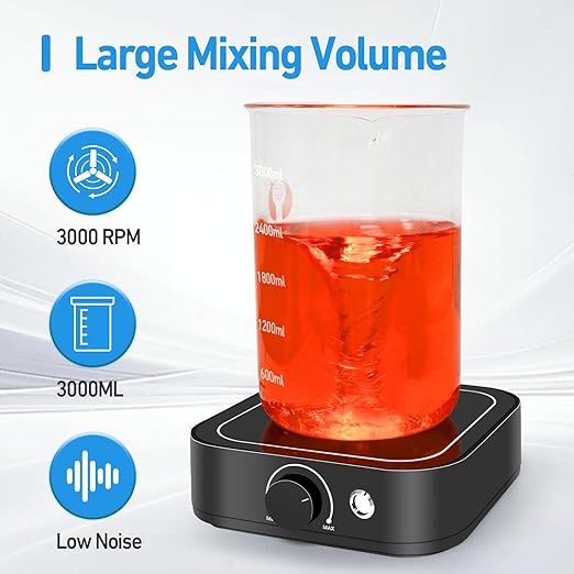 Magnetic Stirrer 3000rpm with LED Light, Magnetic stir Plate with 2pcs Stir Bar Set, Mini Magnetic Mixer Stirrer Max Stirring Capacity 3000mL for Lab and Homebrew
