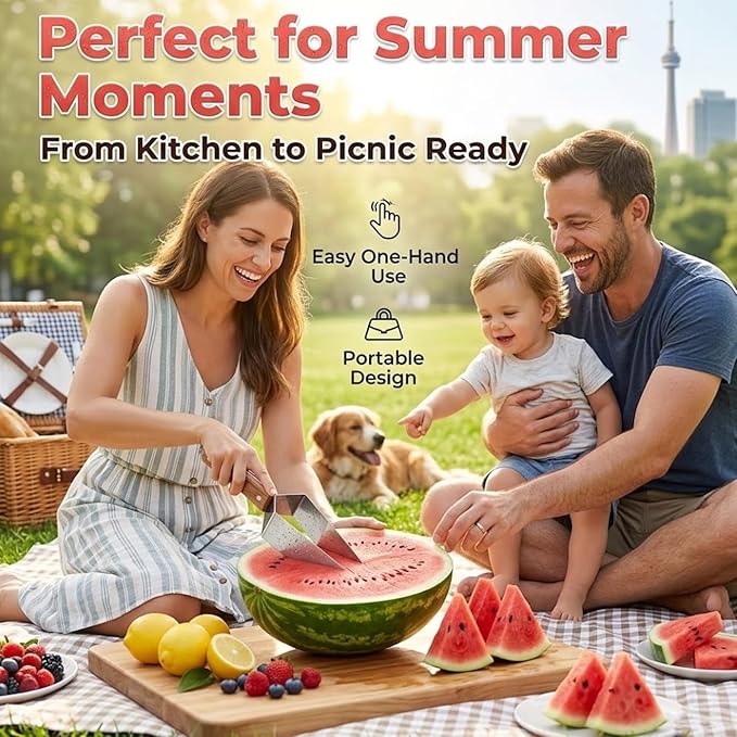 Triangle Watermelon Cutter Large Stainless Steel Melon Slicer Tool Ergonomic Wooden Handle Multifunction Function Summer Divider Wheel Handheld Cutting Fruit Kitchen Gadget Camping Picnic(3pcs)
