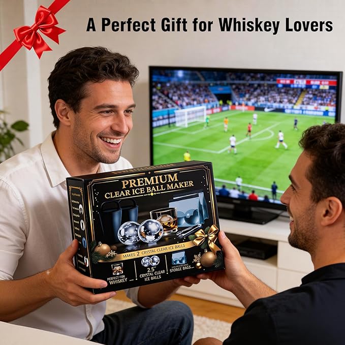 Clear Ice Cube Maker Premium Gift Set – Stainless Steel Whiskey Ice Ball Mold, 2.5” Soccer Ice Sphere with BPA-Free Silicone, Slow Melting Easy Release Ice for Bourbon & Cocktails,Gifts for Men Dad