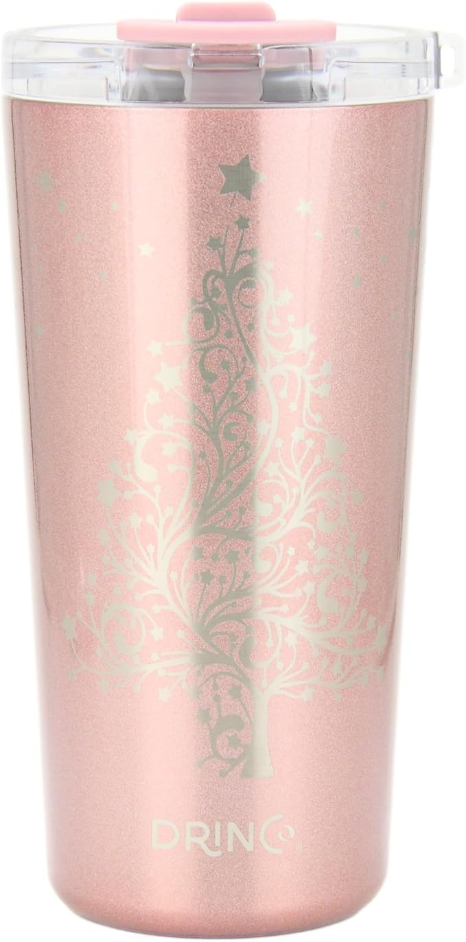 Drinco - 20 oz Stainless Steel Tumbler | Double Walled Vacuum Insulated Mug With Lid, 2 Straws, For Hot & Cold Drinks (20oz Bling Rose Gold (Noel))