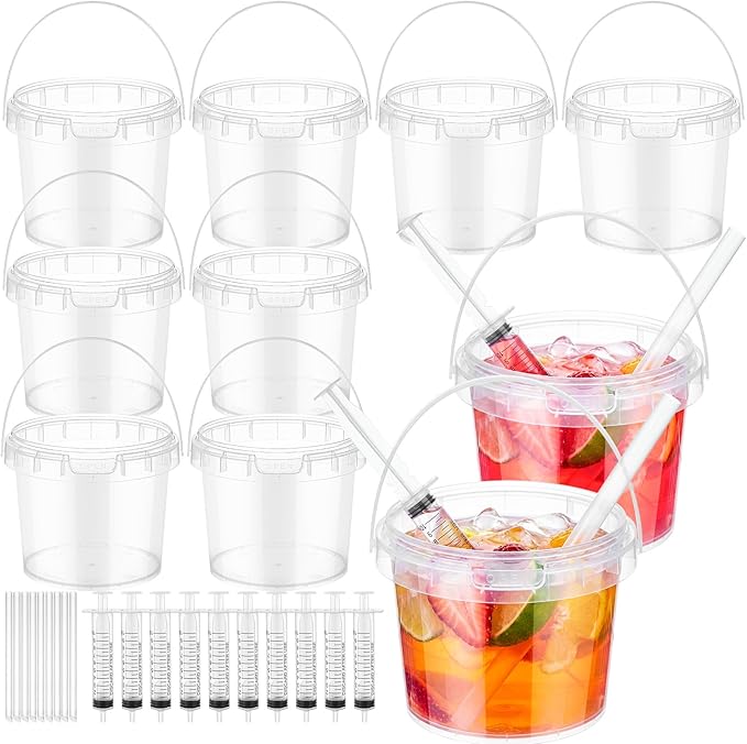 Willinglong 10 Set 25oz Clear Plastic Drink Buckets Rum Buckets for Drink with Straws, Lids and Beverage Syringes Reusable Iced Coffee Cups for Rum Wine Beer Cocktail Beverage Lemonades