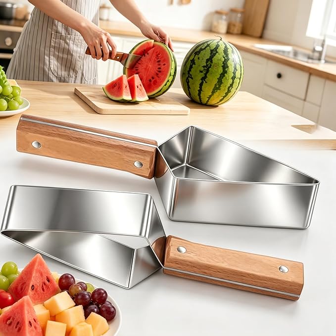 2026 Upgraded Triangle Watermelon Cutter, Thickened Stainless Steel Quick Watermelon Slicer Cutter Tool, with Ergonomic Wooden Handle Design for a Variety of Fruits (2PCS)