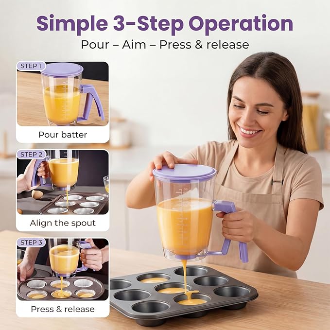 Pancake Batter Dispenser with Squeeze Handle – Evenly Dispense Batter for Pancakes, Waffles, Brownie, Cupcakes, Muffins & Crepes – Baking Tool with Measurement Scale for Breakfast, Easy Clean
