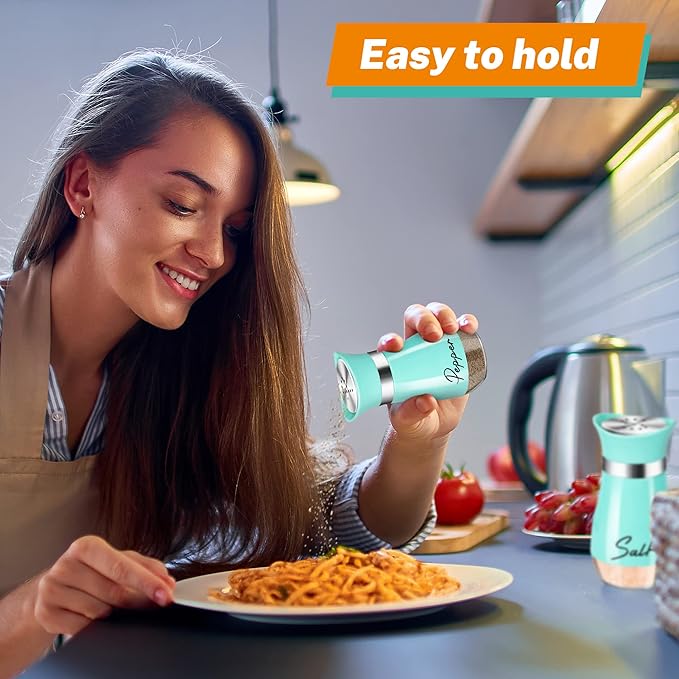 Teal Salt and Pepper Shakers Set with Holder,4 oz Turquoise Kitchen Decor and Accessories Farmhouse Gadgets Table Housewarming Gift Christmas Decor Refillable Design (Teal)