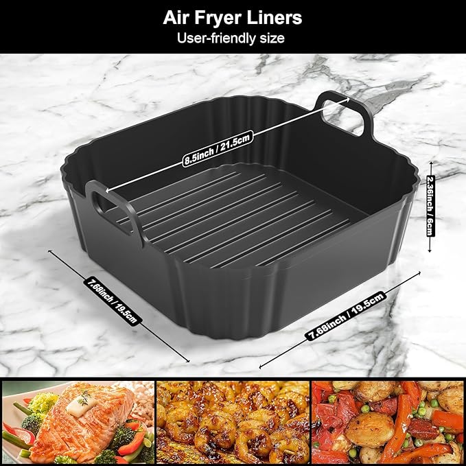Square Silicone Air Fryer Liners 2 Pack, 8.5 Inch Reusable Air Fryer Liners for 5–6.5QT, Compatible with Ninja AF141/AF181, COSORI, Non-Stick Silicone Basket Accessories