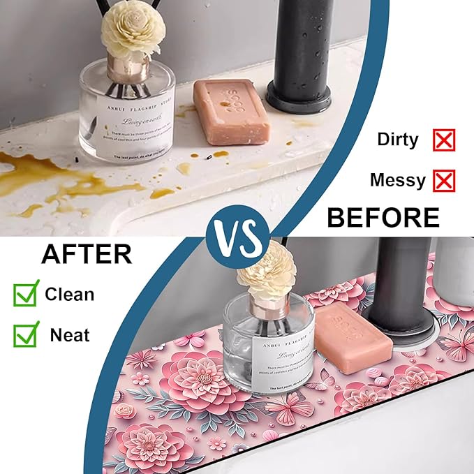 Pink Floral Sink Splash Guard Faucet Mat Flower Butterfly Super Absorbent Fast Drying Mat Sink Gadgets-Splash Guard Behind Faucet Drip Catcher for Kitchen Bathroom, 23.5"x5.5"