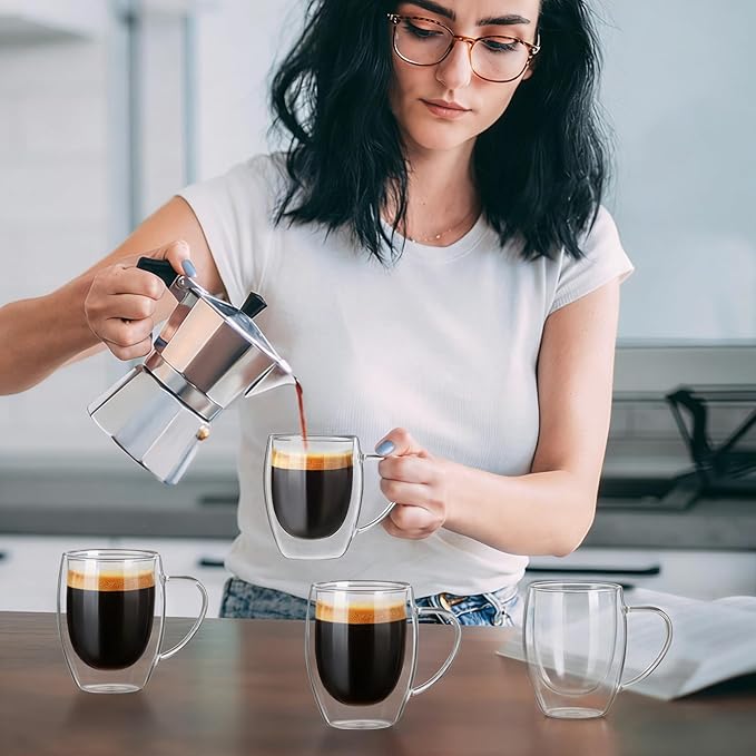 FrutPunch Double Walled Glass Coffee Mugs, Glass Coffee Mugs Set Of 4, Glass Coffee Cups with Handles, 12OZ, Suitable for Cappuccino, Latte, Espresso, Hot Drinks, Cold Drinks (4)