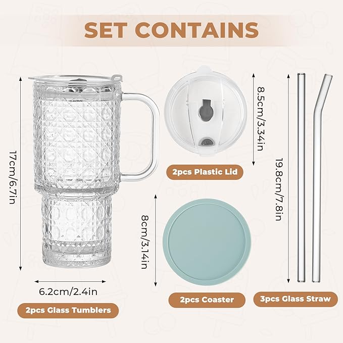 17oz Water Glass Tumbler with Handle & Lid Coasters, Reusable Iced Coffee Cups with Straws – Set of 2, Glass Cups for Beverages,Smoothies, Juice, Coffee, Tea