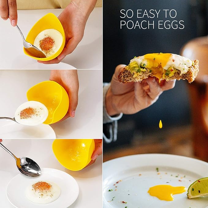 Egg Poacher - KRGMNHR Poached Egg Cooker with Ring Standers, Silicone Egg Poacher Cup for Microwave & Stovetop Egg Poaching, Oil Brush, BPA Free, 4 Pack