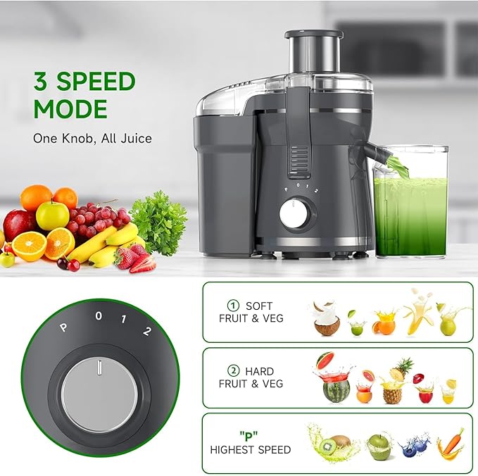 Juicer Machine, 500W Centrifugal Juicer Extractor with 3 Speed & Wide Mouth 3” Feed Chute for Fruit Vegetable, High Yield Juicer Included Cleaning Brush for Easy to Clean