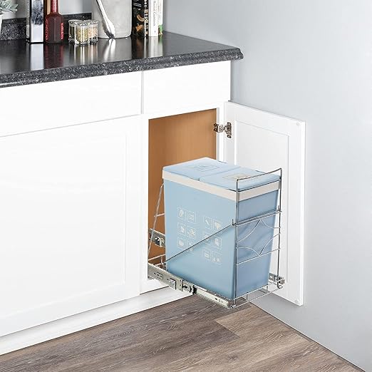 Youeon Pull Out Trash Can Under Cabinet, Adjustable Stainless Steel Under Sink Trash Can Pull Out, Slide Out Garbage Shelf, Fit for 7-11 Gallon Trash Can(Not Included)