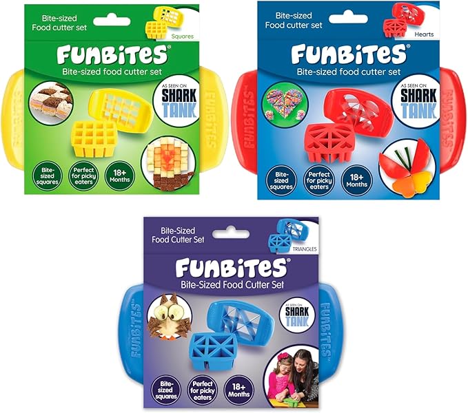 FUNBITES Crustless Sandwich Cutter for Kids Lunch, Uncrustable Sandwich Cutter (6-piece set), Bite-Size Food Cutter for Toddlers, Bento Box Accessories, Dishwasher Safe, Squares/Hearts/Triangles 3pk