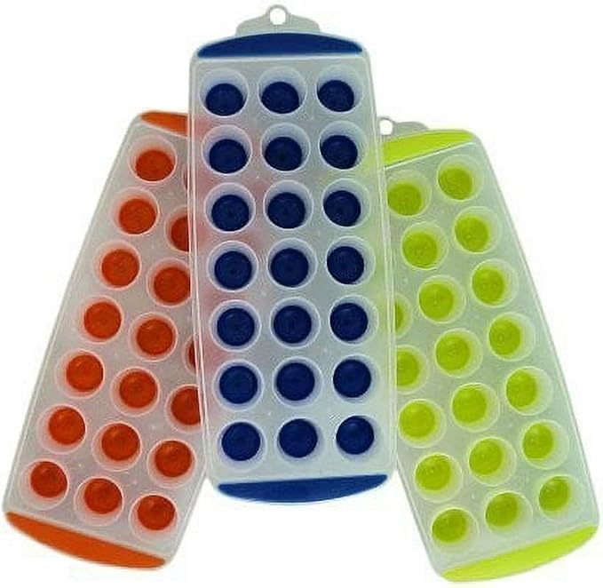 Ice Cube Tray with Flexible Silicone Bottom, 21 Round Cavities, Push Pop Design, Easy Release, 11.25x4.5x1.5 Inches, 1-Tray Per Pack in Random Color