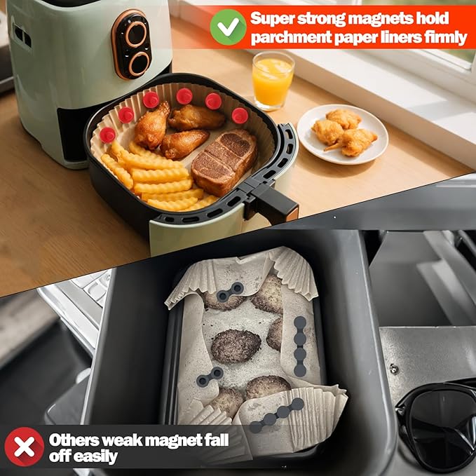 Juome Air Fryer Magnets for Parchment Paper, 9PCS Silicone Magnetic Buckle for Air Fryer Liners, Air Fryer Accessories Safely Lock Air Fryer Liner Disposable to Prevent Burning (Red）