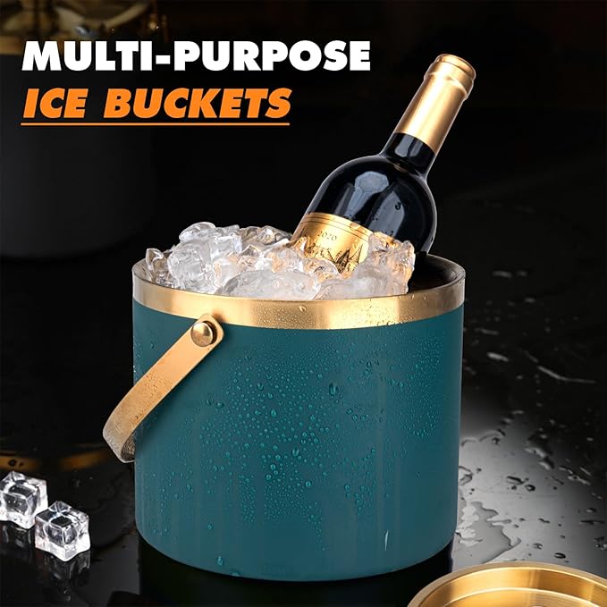 Ice Bucket, 3L Double-Wall Stainless Steel Insulated Ice Bucket With Lid and Ice-Tong, Ice-Buckets for Parties Home Bar, Chilling Beer, Champagne, Wine Bottle(Dark Green)
