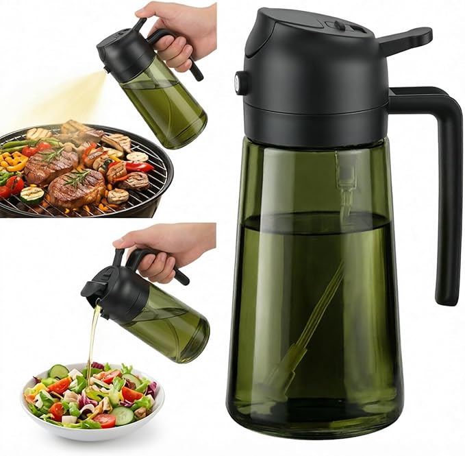 16oz/470ml Oil Sprayer for Cooking, 2 in 1 Oil Dispenser for Kitchen, Olive Oil Sprayer, Food Grade Glass Bottle for Kitchen Gadgets, Air Fryer Accessories, Salad, BBQ (Black)
