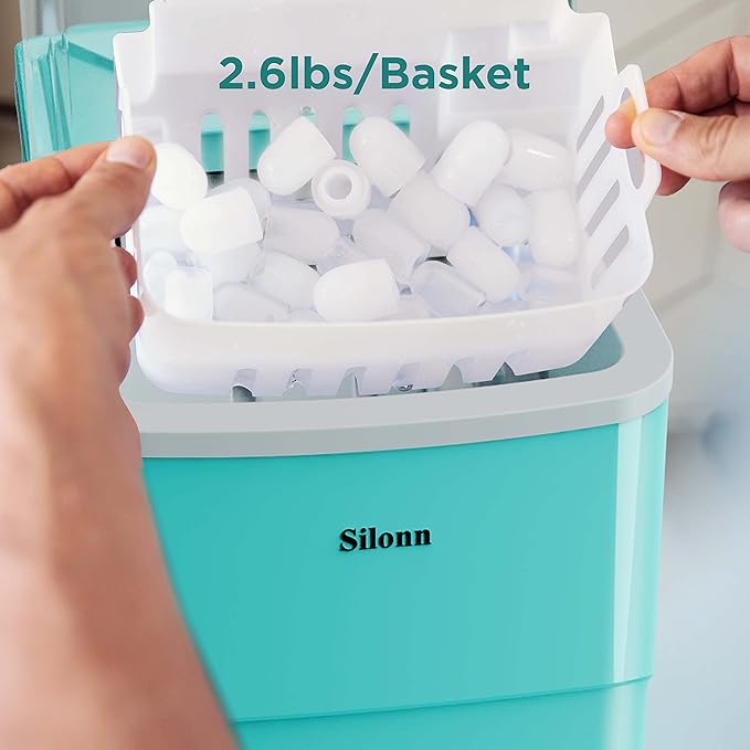 Silonn Ice Makers Countertop, 9 Cubes Ready in 6 Mins, Self-Cleaning Ice Machine with Ice Scoop and Basket, 26lbs in 24Hrs, 2 Sizes of Bullet Ice for Home Kitchen Office Bar Party, Green