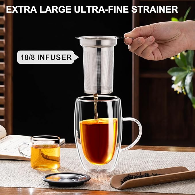 Baalaka Double Wall Glass Tea Cup With Stainless Steel Infuser and Lid, 16oz Borosilicate Glass Tea Mug, Tea Infuser for Loose Leaf Tea, Teas Gifts for Lovers