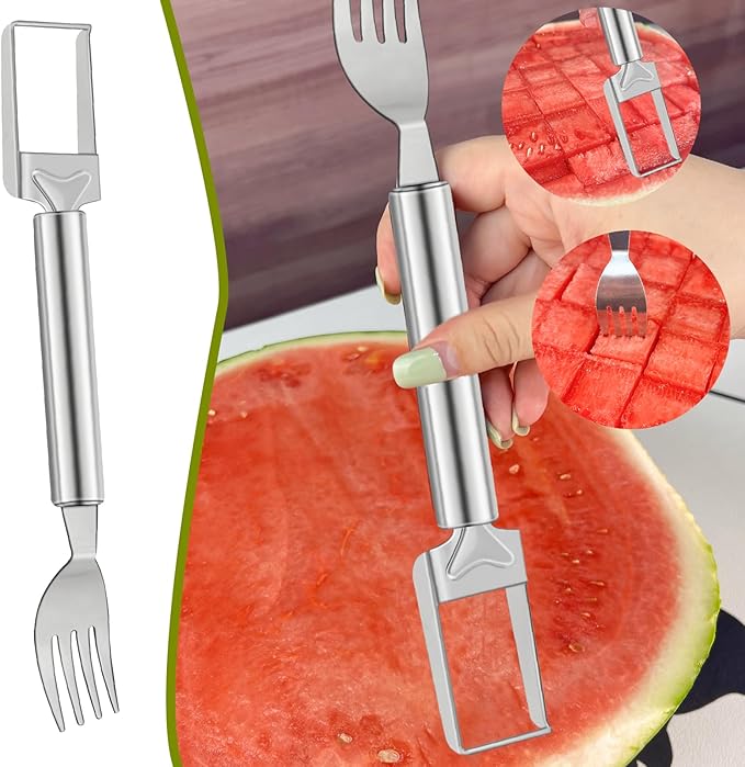 2-in-1 Watermelon Slicer & Fork – 4-Pack Stainless Steel Fruit Cutter Tool for Watermelon, Mango, Pitaya – Portable for Camping, Picnics, Home, Parties – Effortless Cubes & No Mess