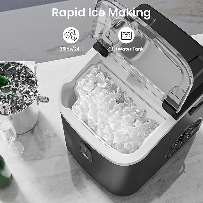 Antarctic Star Nugget Ice Makers Countertop with Self-Cleaning, 35lbs/24Hrs, Portable Crushed Ice Machine with Handle/Basket/Scoop for Home, Kitchen, Office, Camping(Black)
