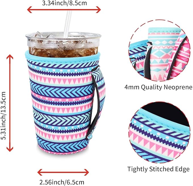 4Pack Reusable Iced Coffee Sleeve Insulator Sleeves for Cold Drinks Beverages, Neoprene Cup Holder for Most Coffee, Fits 22-24oz Medium Cups (Geometric)