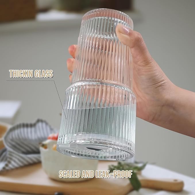 20oz Iced Coffee Cups with Lids,Coffee Bar Accessories, 2 Piece Ribbed Glass Cups with Lids and Straws, Vintage Glass Tumbler with Straw, Thicked Wall Drinking Glasses Ideal for Coffee