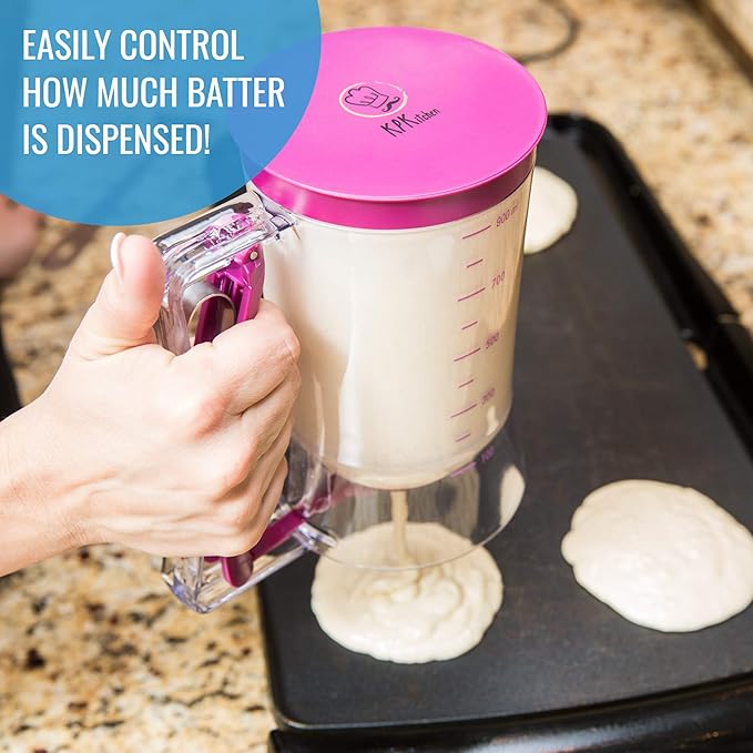 KPKitchen Pancake Batter Dispenser and Pancake Spatula Flipper - Perfect Baking Tool for Cupcakes, Waffles, Crepes, Cake or Any Baked Goods (Purple) - Heat Resistant Wide Spatula Perfect for Pancakes
