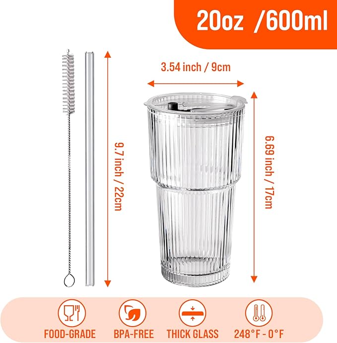 SUROQUE 20oz Ribbed Glass Tumblers with Lids & Straws, Ideal for Iced Coffee, Cocktails & More - Includes Cleaning Brush